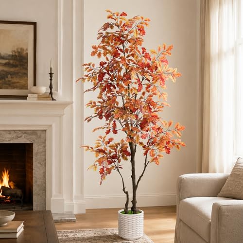 ZKIODV 6FT Artificial Red Oak Tree in Weighted Pot Real Touch Large Fake Fall Autumn Oak Plant for Living Room Corner Tall Potted Silk Tree for Home Office Daily Floor Decor