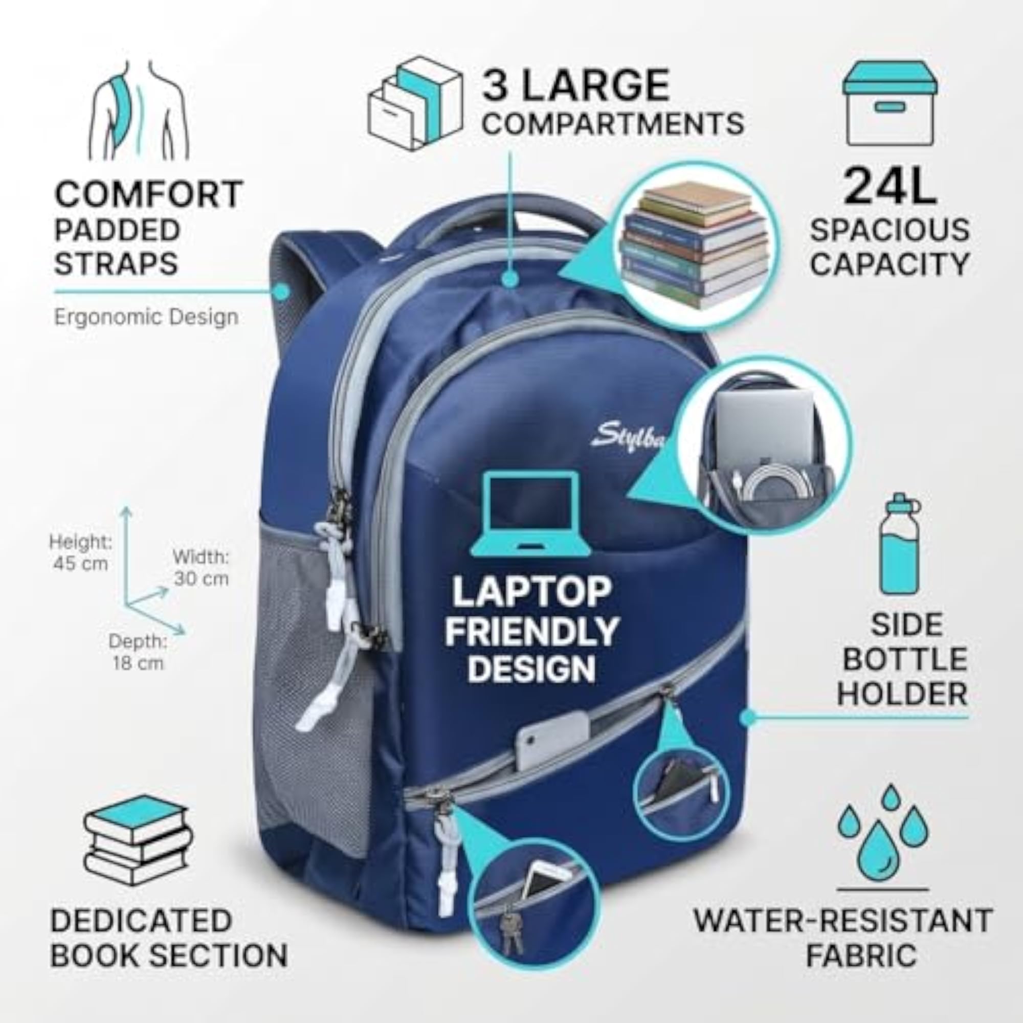 Unisex 24L Spacious Laptop Backpack for College and Office