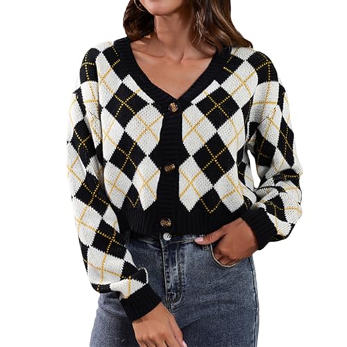 Image of Wowcarbazole Women's Knit Cardigan Sweaters Long Sleeve Argyle Open Front Button Down V Neck Cropped Coats Casual Trendy Tops(Apricot Black-M)