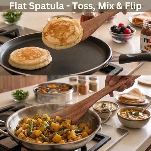 Image of FiABLE Pure Neem Wood Spatula Set for Cooking Dosa, Chapati, paratha and Mixing, No Harmful Polish, Naturally Antimicrobial and Non Stick - Flip & Toss Set of 3