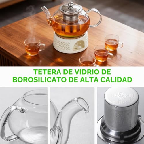 Miniatura 4 de Wapasezyar Tetera De Cristal De 1000 Ml Con Juego De Calientaplatos, Tetera De Cristal Con Colador De Acero Inoxidable Y Tapa De Cristal, Tetera Para Té Negro, Té Verde, Té De Frutas, Té Perfumado