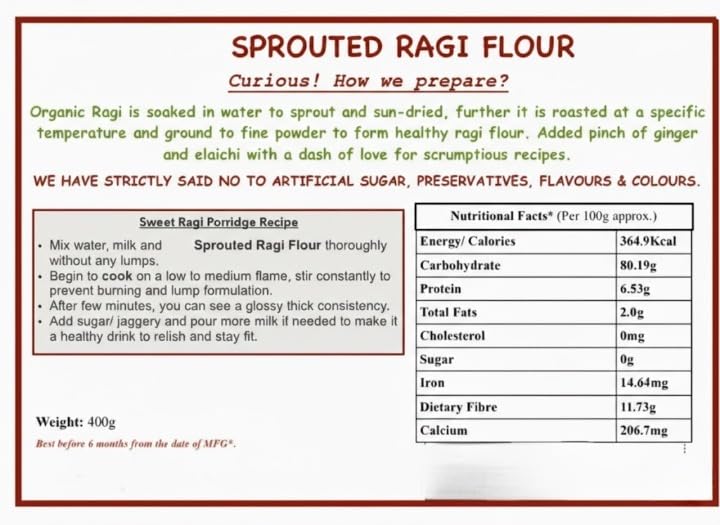 Organic Sprouted Ragi Flour for Kids & Adults In Food-Grade Container 400 gms (+6 months)