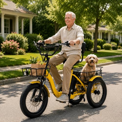 Triciclo Eléctrico Para Adultos,Con Neumáticos Anchos De 18 Pulgadas,Frenos De Disco Dobles, Respaldo En El Asiento, 2 Cestas De Carga, Para Personas Mayores Para Paseos Diarios, Compras Y Picnics