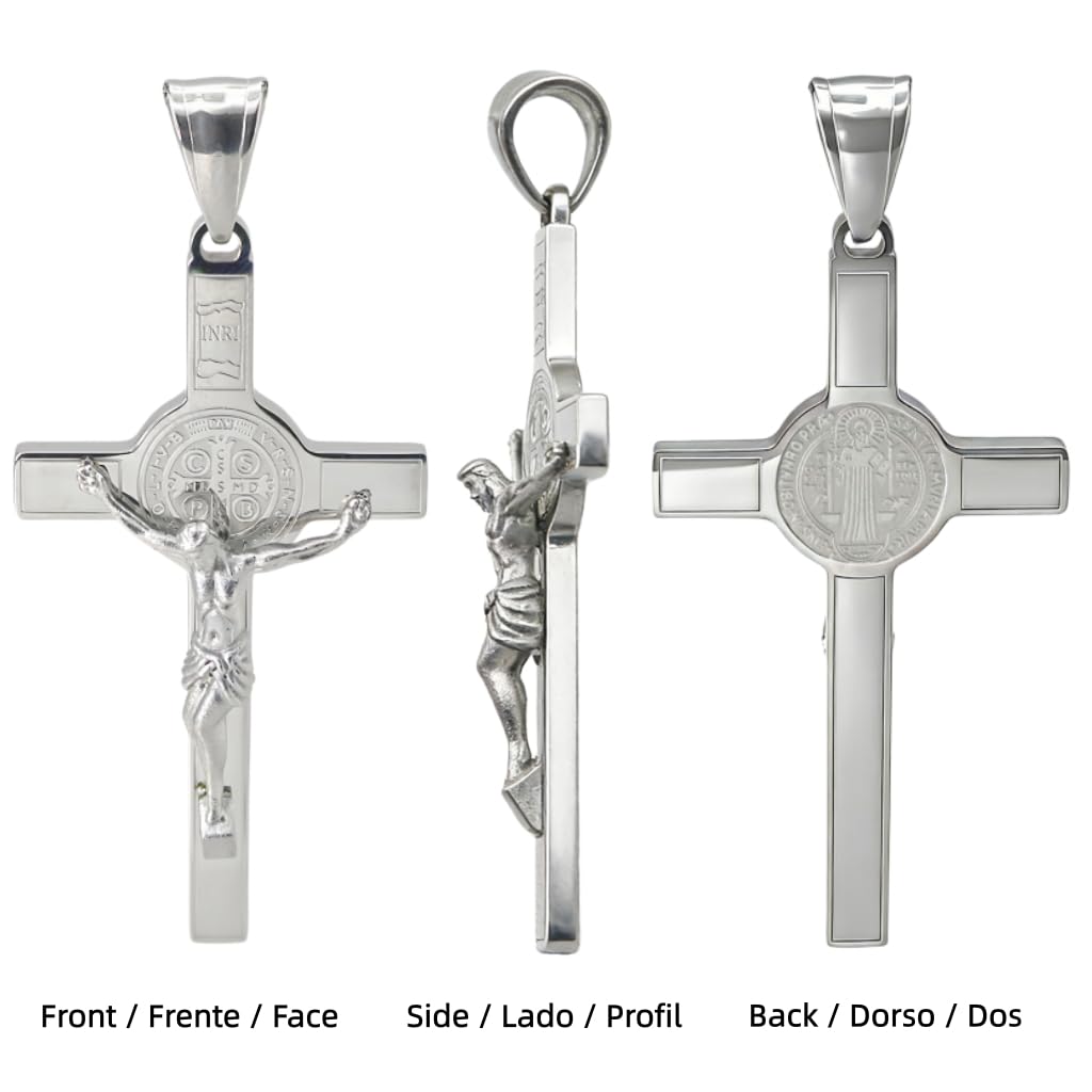 Medaglia in acciaio inossidabile con patrono San Benedetto, crocifisso cattolico, ciondolo, amuleto di protezione, regali per uomini e donne