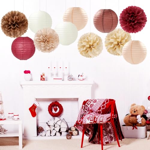 Image of Burgundy-Brown Champagne Party-Decorations Paper-Flowers Lanterns - 15PCS Fall Boho Tissue Pom Poms Streamers,Autumn Rustic Baby Shower Neutral Wedding Birthday Decor Hugfond