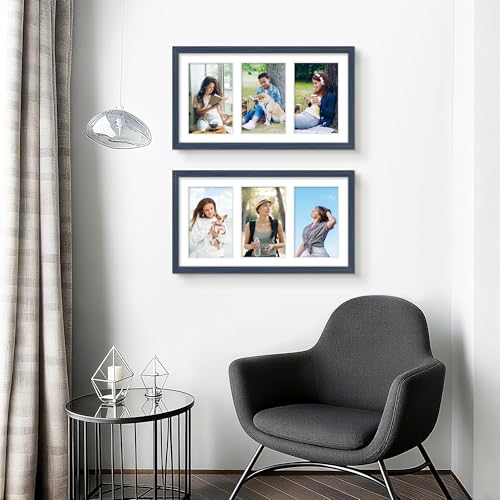 Image of DUENPY 8x14 Collage Picture Frame 4x6 Collage Picture Frame Displays Three 4x6 inch Photos or 8x14 (Without Mat) for Available Horizontal Wall Mounting Display and Vertical Navy Blue