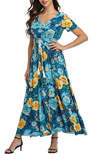 Image of VintageClothing Women's Floral Maxi Dresses Boho Button Up Split Summer Casual Long Dress Beach Party Dress