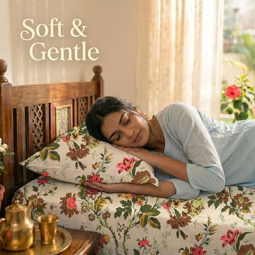 Image of Mafatlal Saanjh144 TC Cotton Bedsheet for Single Bed 90x60 Inch | Soft Airflow Fabric | Printed Bedroom Linen | Durable Smooth Finish | Hand Crafted | Pillowcase Included | Bright Beige