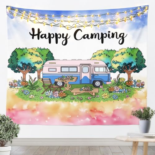 Tapices felices para acampar tamaño S acuarela RV árbol de flores Picnic manta de pared para dormitorio romántico estilo granja colgante de pared arte para niños