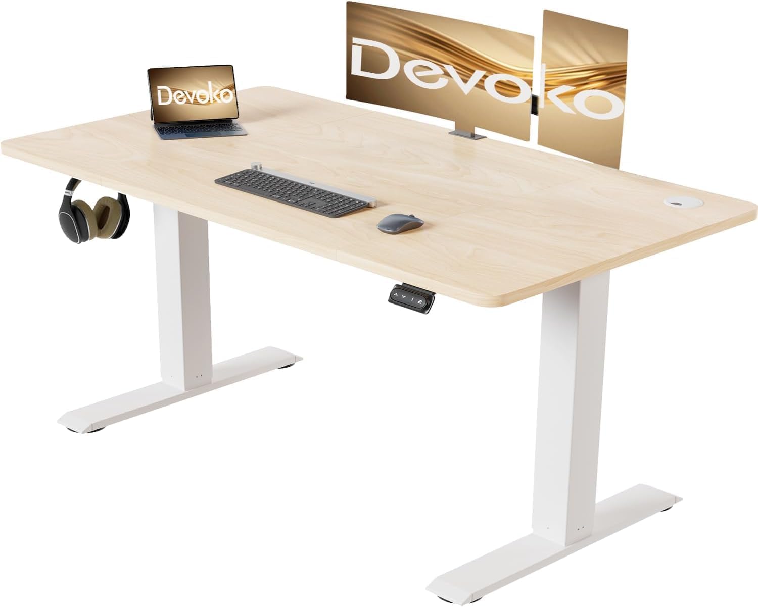 Devoko Höhenverstellbarer Schreibtisch mit Kabelwanne, Elektrisch Höhenverstellbarer Stabiler Stehpult, Computertisch 2-Funktions-Memory, Ergonomischer Steh-Sitz Tisch