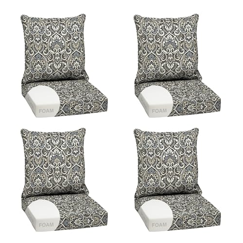 Image of Arden Outdoor Foam Deep Seat Cushion Set, 4-Pack, 24x24, Premium High-Density Foam, Never Flattens, Weather-Proof for Patio Chair Sofa Couch, Black Aurora Damask