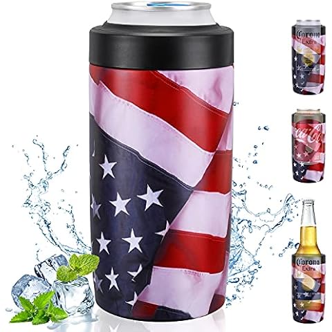 Itslife 4-in-1 Slim Can Cooler Easy to Hold Insulated Beer Can Holder Double-Walled Stainless Steel for All 12 Oz Cans (America Flag) Cover