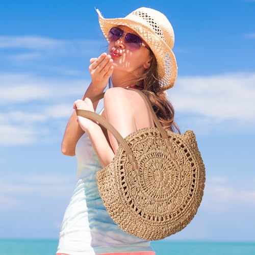 Image of Pleneal Straw Beach Bags for Women - Women Beach Handmade Woven Tote Bag, Summer Mesh Hollow Shoulder Bag for Holiday