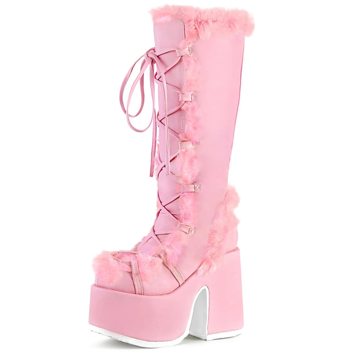 KISTANIA Womens Knee High Platform Boots Chunky Heel Lace-Up Faux Fur Furry Platform Boots