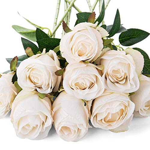 Flojery 10Pcs Artificial Rose Flowers Long Stem Fake Silk Roses For Diy Wedding Bouquet Table Centerpiece Home Decor (White) #TOP2