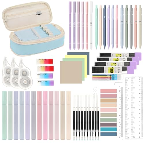 Image of MoKo Pencil Case with Supplies, 60Pcs Aesthetic School Set, Blue | Includes highlighters, gel and ballpoint pens, mechanical pencils, refills, sticky notes, correction tapes and rulers.