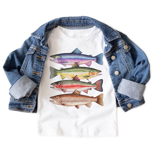 Abstract Colorful Rainbow Trout Shirt - Kids Fishing Trip With Dad Outfit - Cute Lake Fish Species In A Row - Natural Boho Toddler & Youth T-Shirt3