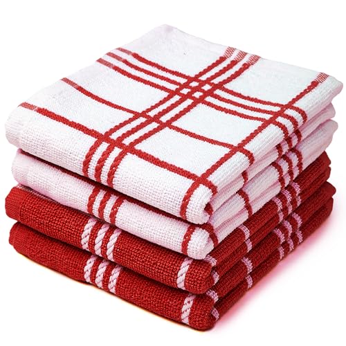 Image of Encasa XO Kitchen Towels and Dish Cloths Sets | Red Terry Highly Absorbent Cotton Terry Towels | 60x40 cm | Multipurpose for Washing Dishes and Cleaning Pack of 4