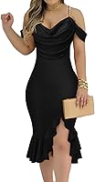 CHICME Women's Off Shoulder Bodycon Midi Dress with Detachable Pearl Straps, Ruffle Hem - Sexy Cocktail Party Dress
