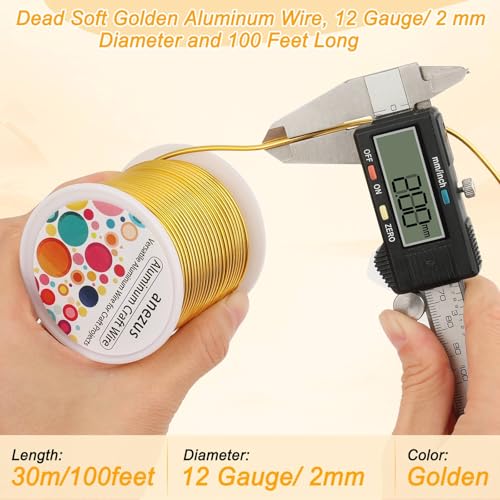 Image of Anezus 12 Gauge Craft Wire Bendable - 2mm Metal Armature Sculpting Wire for Crafting, Wreath Making, Jewelry Making, Beading, Floral (Golden, 100 Feet)