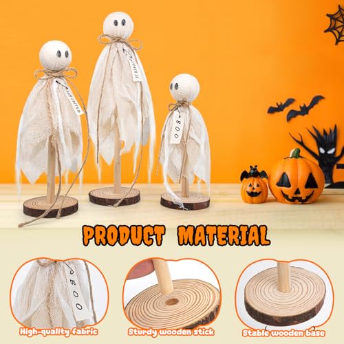 Wooden Ghost Halloween Decorations Indoor– Set of 3 $3.99 Sizes Rustic Shelf Sitters with Fabric Ghost Figures - image 5