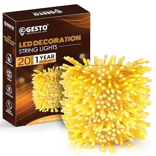 Gesto 20 Meter Led Serial String Lights – AC Plug Waterproof Copper Wire Yellow Fairy Light for Home Decoration,Christmas,Garden, Deepawali & Diwali Decoration Lights for Balcony Outdoor- Warm White