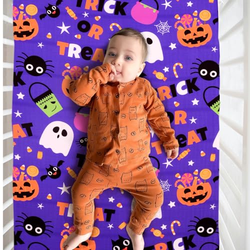 Image of Cloele Halloween Pumpkin Crib Sheet Ghost Fitted Sheet for Boys Girls - Spider Baby Nursery Sheet Cozy Bed Sheet for Standard Crib and Toddler Mattresses - Purple Crib Mattress Infant Toddler Sheet