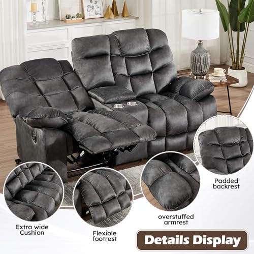 Image of HAOMARKETS Manual Reclining Loveseat Sofa for Living Room, 77 inch Wide Overstuffed 2-Seater Recliner Couch with Cup Holders & Storage Console, Breathable Fabric and Padded Seat, Grey