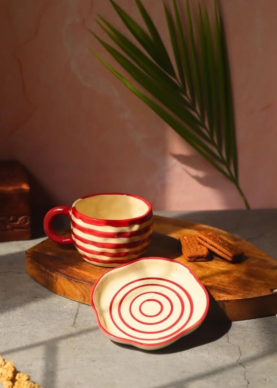 Image of WEAVING HOMES Handcrafted Ceramic Mug & Dessert Plate (Set of 2, Multicolor) - Coffee Mugs and Dessert Plates for Birthday Gifts, Mugs for Office and Travel