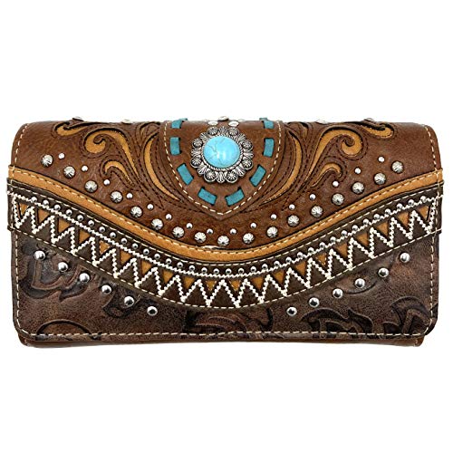 Rustic Western Floral Tooled Laser Cut Turquoise Concho Studded Trifold Crossbody Clutch Wallet