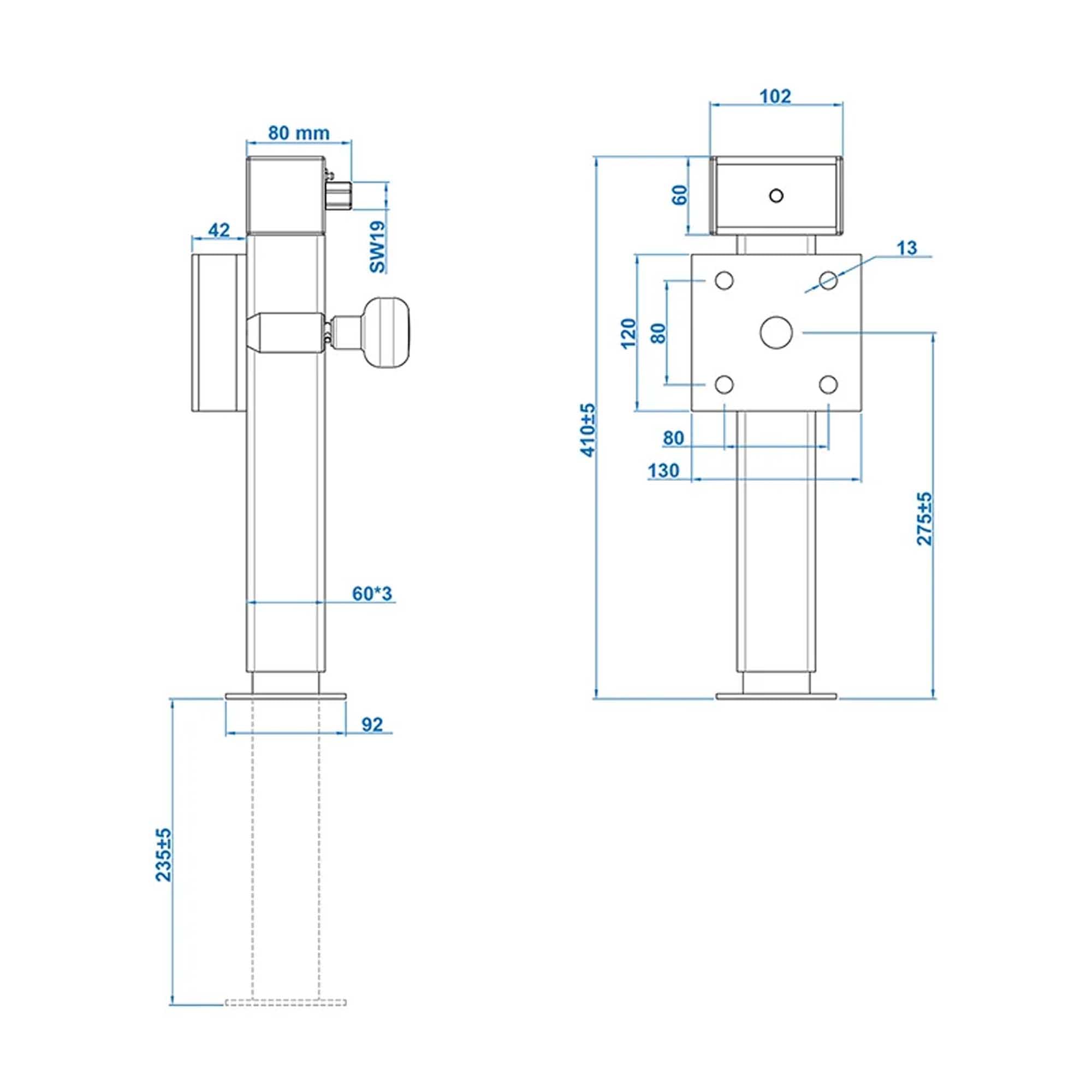 The Drive Anhänger Ausdrehstütze 60x60mm klappbar 410-655mm 1300 kg mit Schraubensatz | stufenloser Hub 235mm | Flanschhöhe 42mm | für Kipper, Hochlader etc.