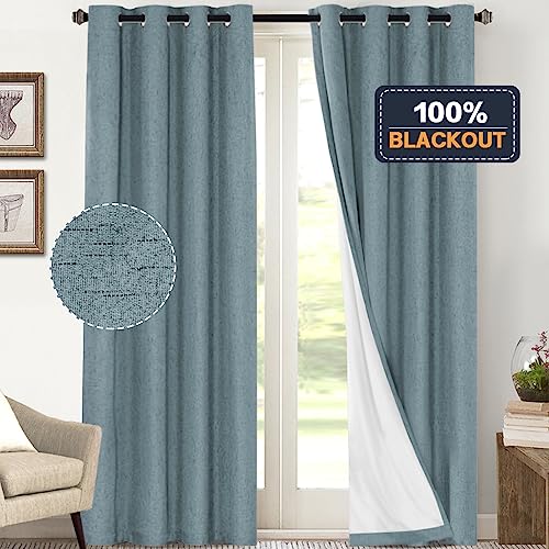 Image of PrinceDeco 100% Blackout Curtains 108 inches Long Linen Blackout Curtains for Bedroom Living Room Black Out Darkening Curtain Thermal Insulated Anti-Rust Grommet Set of 2(52x108 inch,Stone Blue)