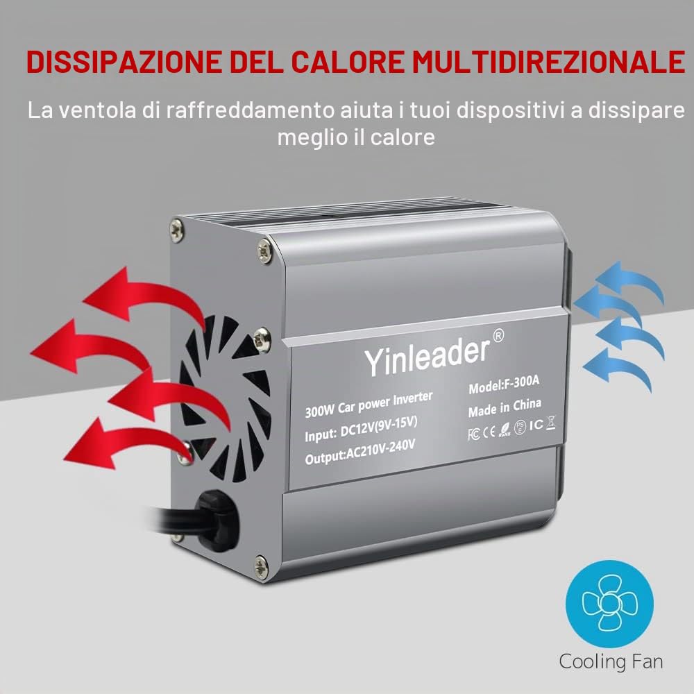 Yinleader Inverter da 12V a 230V 300W 1 presa UE 2 USB Convertitore di tensione per auto