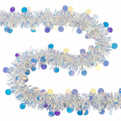 XIYAO 49.2ft Iridescent Tinsel and Circle Garland Metallic Twist Hanging Holographic Garland Decorations for Outdoor Party Fence Balcony Disco Theme Birthday Bachelorette Christmas Tree