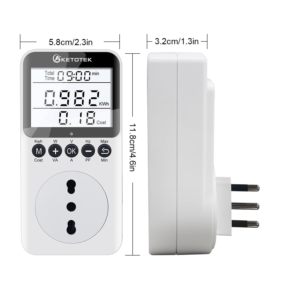 KETOTEK Stromzähler für Steckdose mit Hintergrundlicht Strommessgerät Energiekostenmessgerät 3680W Digitaler Energiekosten Stromverbrauchszähler