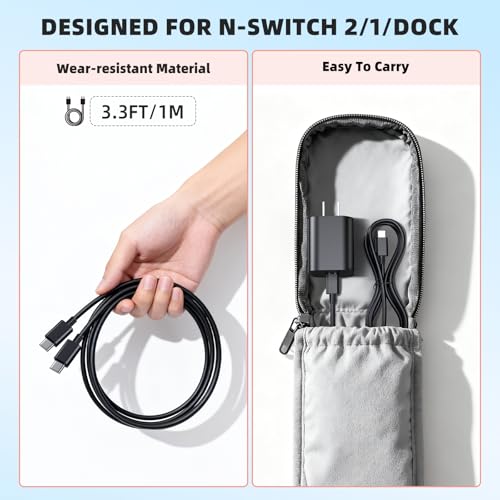 Image of Switch 2 Charger with 3.3FT(1M) Charging Cable - 60W AC Power Adapter Support 4K TV Dock Mode, Power Supply 20V /3A Fast Cord for Switch /OLED /Lite&Steam Deck /Xbox 360 Console - Original Quality(3.3FT)