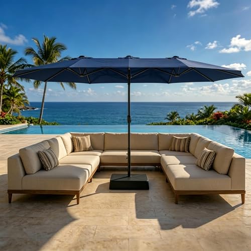 GarveeLife 15FT Large Patio Umbrella with Base Included, Double-Sided Rectangle Market Umbrella with Cross Base and Sandbag for Pool Lawn Garden (Beige)