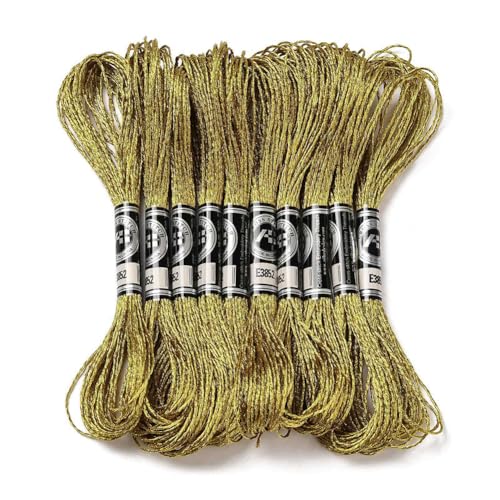 Image of 10 Skeins Yellow Gold Polyester Cross Stitch Thread Metallic Glitter Embroidery Floss Golden Silver Shimmer Crewel Polyester Floss Bulk for Sewing Making Home Decoration Friendship Bracelet