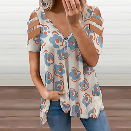 KccOsg Túnica feminina para usar com leggings, túnicas florais com ombro vazado, ajuste solto, zíper