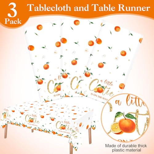 Image of Ganeen 3 Pcs Little Cutie Baby Shower Tablecloth Disposable Plastic Tangerine Tablecloth Little Cutie Is on the Way Table Cover for Baby Shower Decor Orange Fruit Birthday Party Supplies 54 x 108 Inch