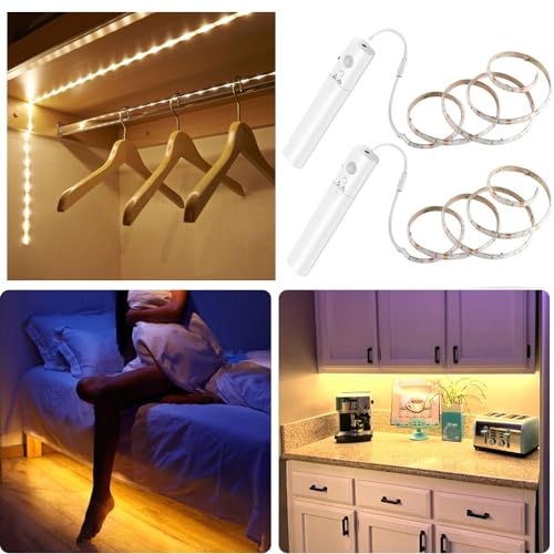 cuzile LED Strip Lights Batterie à LED imperméable à l'eau LED Light 4000K blanc chaud avec capteur de mouvement pour garde-robe Tablette Cuisine etc, 2 pièces