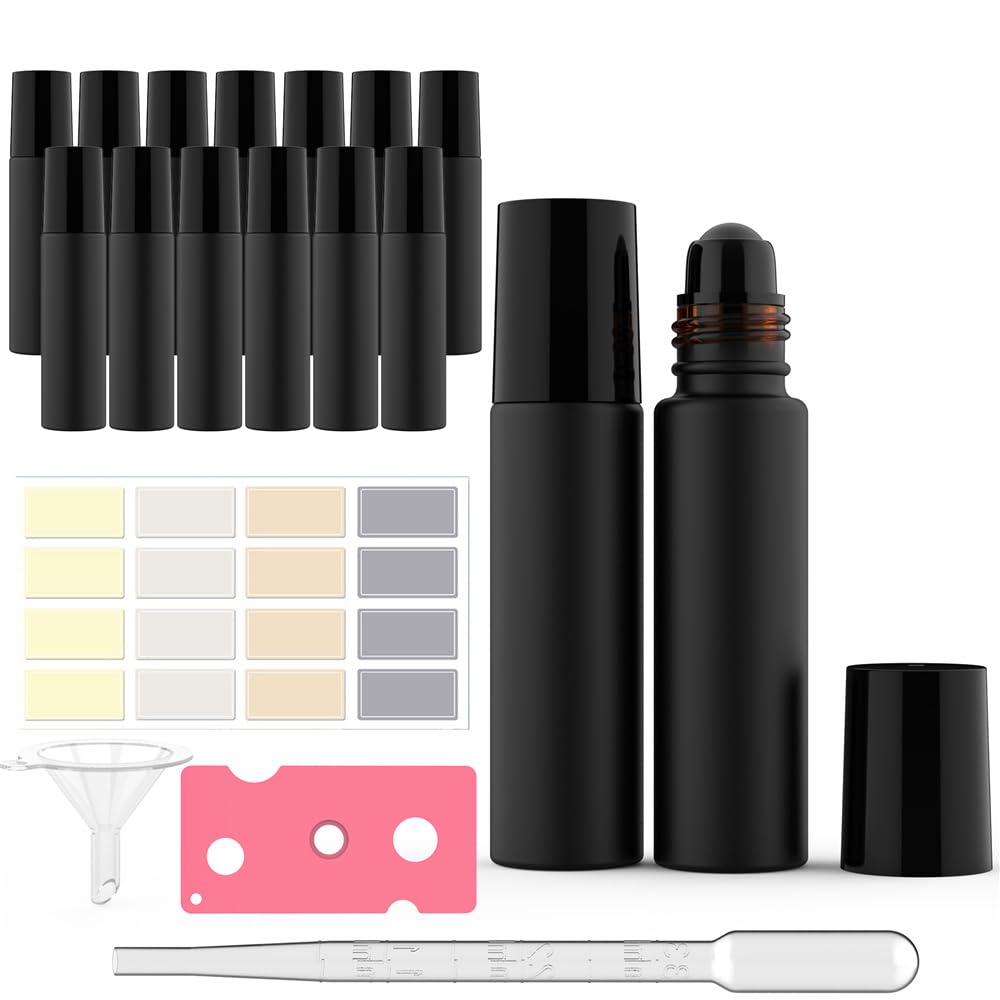 15Pack 10 ml Glass Bottles for Essential Oils, Perfume With Glass Roller Balls (Black Coated, Extra Balls, Labels, Opener, Funnels, Droppers)
