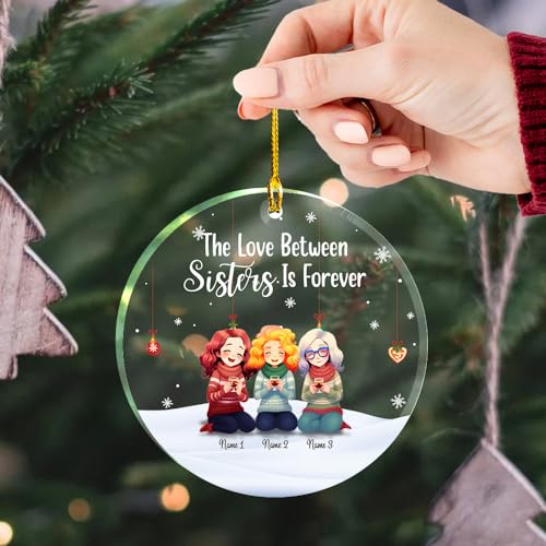 The Love Between Sisters Clear Plastic Ornaments, Christmas Decorations Personalized Name Three Girls Wear Sweater Scarf with Wine Glass Acrylic Ornaments, Gifts for Sister Friends Siblings Bestie3