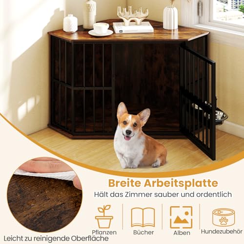 COSTWAY Eck Hundekäfig Möbel, Hundehütte mit verstellbarem Futterspender, 2 Edelstahlnäpfen & abschließbarer Tür, Hundebox aus Holz und Metall, für kleine mittelgroße Hunde, Indoor, Braun