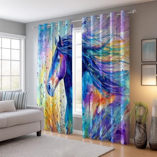 Morado Azul 100% Cortinas Opacas con Ojales, Acuarela Elegante Caballo Impresión Antiarrugas Cortinas Térmicas Durable, 117 An x 138 Al cm (2Paneles) Cortinas para Dormitorio Salon Cocina
