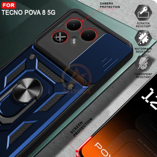 Image of Armor Bumper Back Cover Case for Tecno Pova 8 5G Rotating Camera Cover, Ring Holder & Kickstand | Heavy Duty & 360 Degree Protection Back Cover for Tecno Pova 8 5G (Blue)