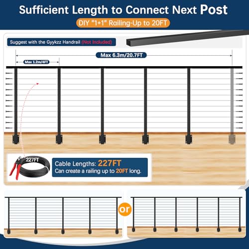 Image of 16-20ft Side Mount Cable Railing Post Kit for 36 inch Deck Level Railing | 5 Pack Space-Saving Level Post Kit, Fascia Mount Deck Posts for Deck DIY Length, T304 Black Posts System for Indoor & Outdoor