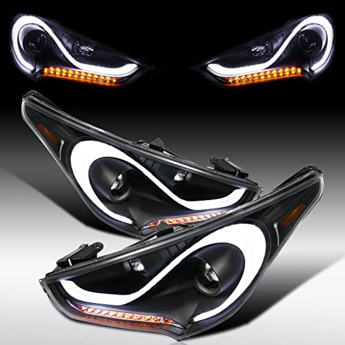 Autozensation Compatible with 2012-2017 Hyundai Veloster, Left + Right Pair Headlamps Assembly, LED Black Projector Headlights w/Sequential LED Signal Lights
