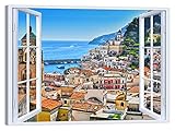 produzione Italia LuxHomeDecor Quadro Finestra Amalfi costiera 100x75 cm Stampa su Tela con Telaio in Legno Arredamento Arte Arredo Moderno