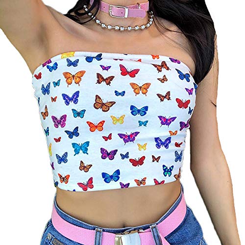 Women's Butterfly Print Summer Tube Crop Tops Strapless Cute Sexy Cotton Tops (White, S)